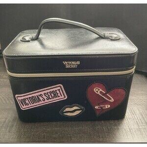 Victoria’s Secret Hard Cover Travel Zipper Case Black Lips Pins  Heart